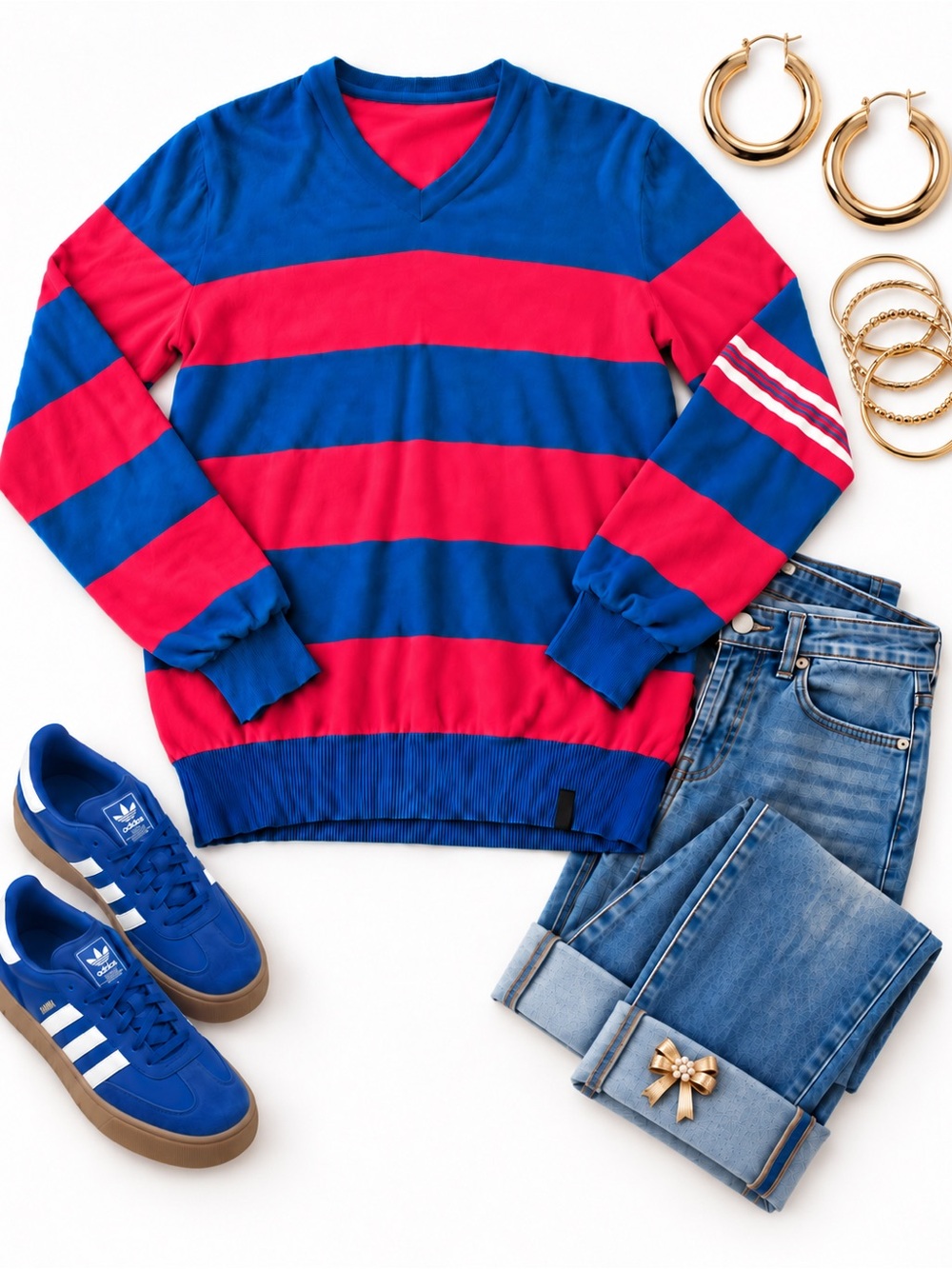 Vintage United Colors Of Benetton Women's Striped V-Neck Sweater - Blue & Pink